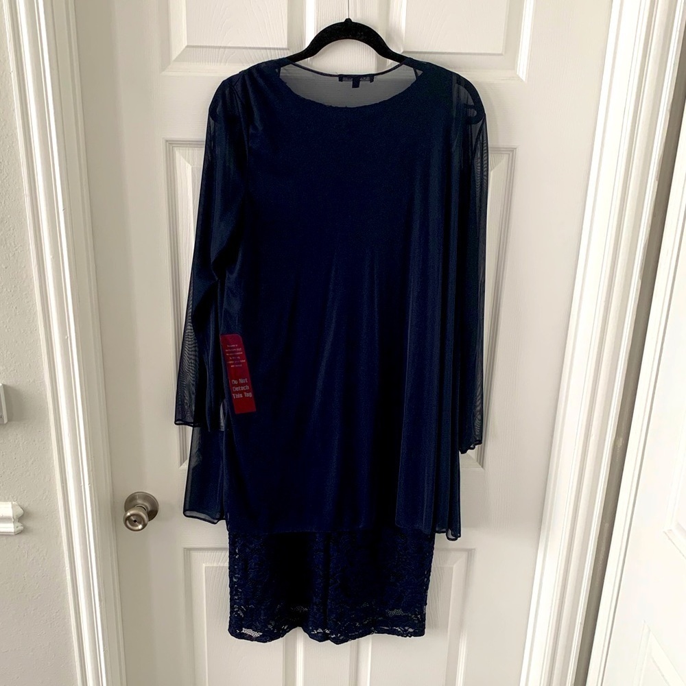 Onyx Nite 2 Piece Navy Blue Lace Overlay Dress - Picture 3 of 6